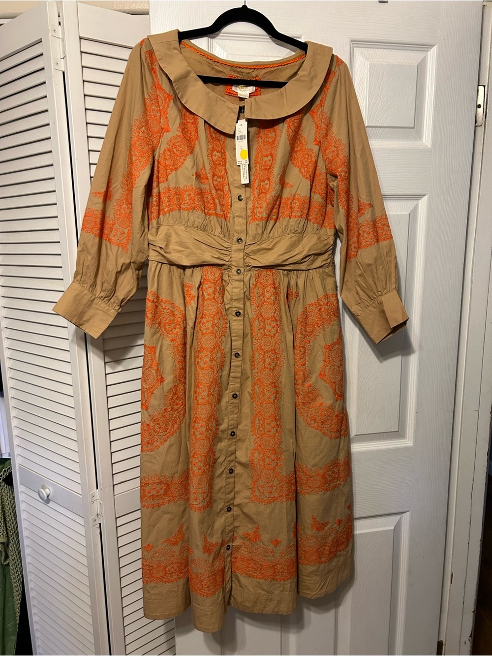 Anthropologie NWT Tan Dress with Orange Paisley Print and Button Front Size 16